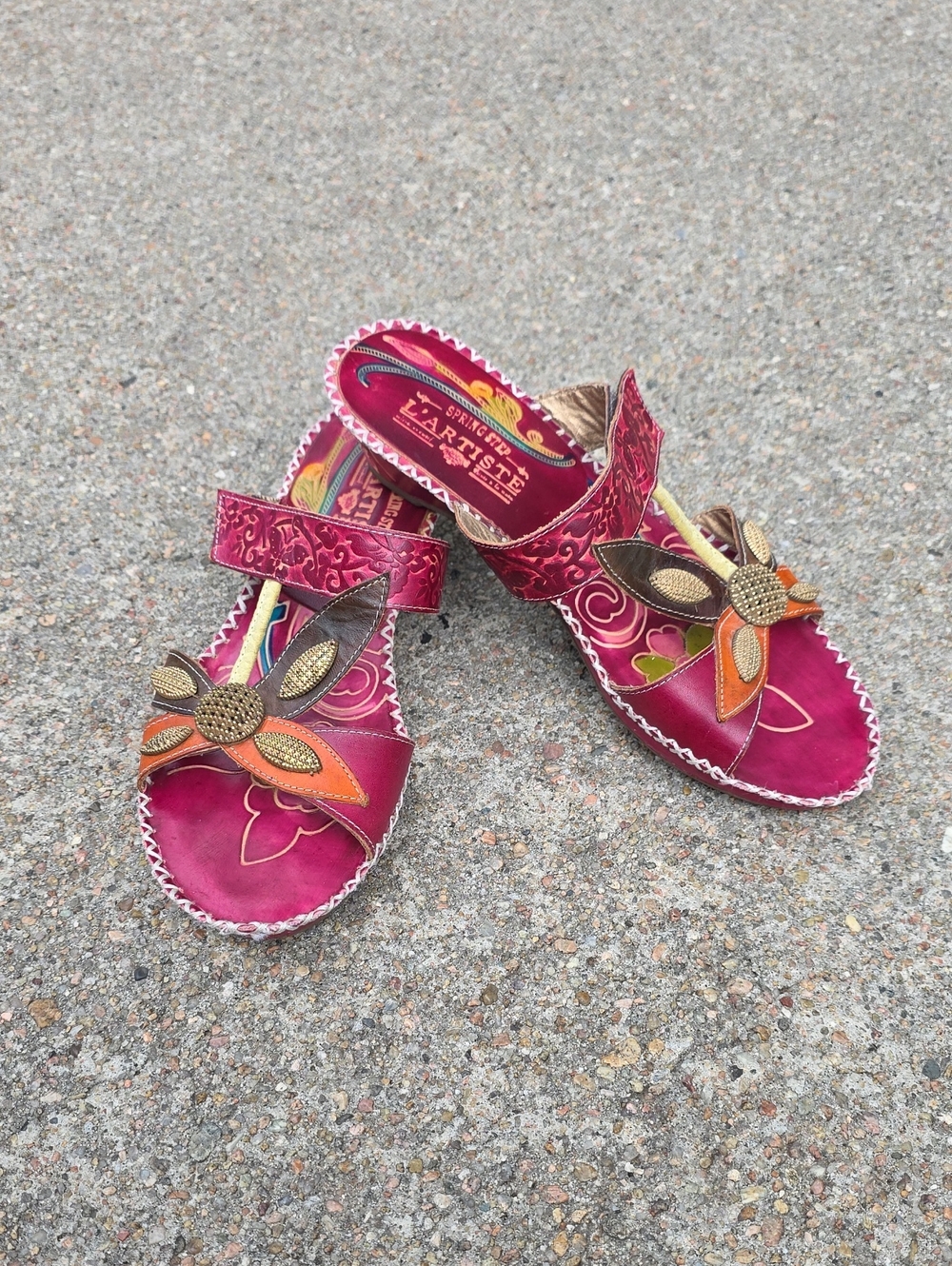 Spring Step L'Artiste Pola Flowered Wedge Boho Western Leather Sandals Size 39